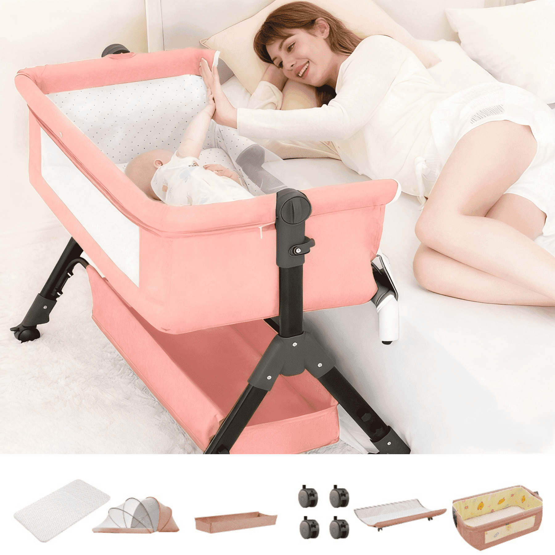 4 in 1 Baby Bassinet, Bedside Bassinet with Changing Table for Baby,Portable Bedside Sleeper Rocking Crib with Wheels, Mosquito Net & Storage Basket, 6 Height Adjustable, Unisex