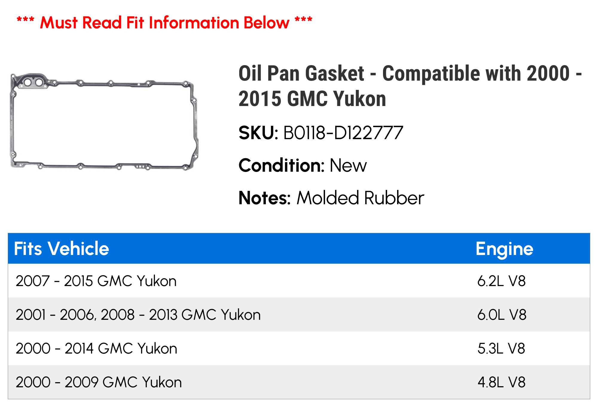 Oil Pan Gasket - Compatible with 2000 - 2015 GMC Yukon 2001 2002 2003 2004 2005 2006 2007 2008 2009 2010 2011 2012 2013 2014