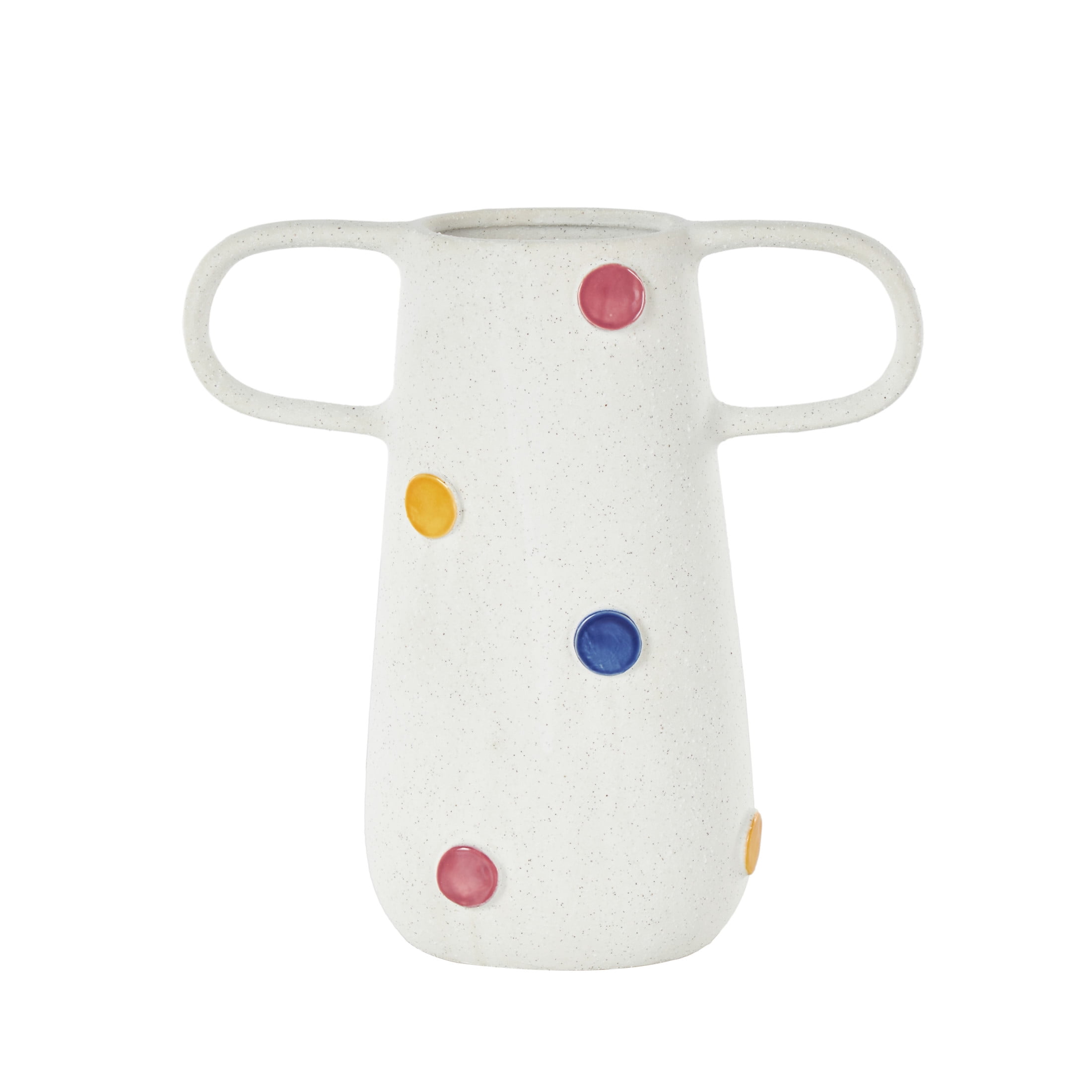 DecMode 11" Round White Ceramic Vase with Multicolor Spots and Handles