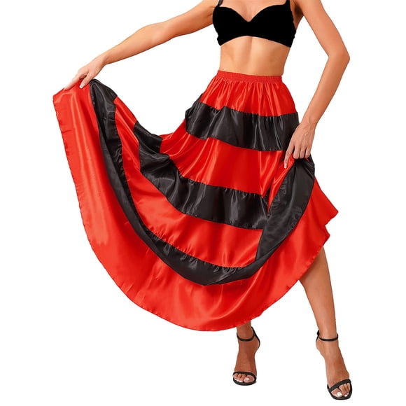 inlzdz Women's Flamenco Dance Skirt Spanish Mexican Tiered Ruffles Carnival Ballroom Dancing Costume Type A 180 Degree One Size