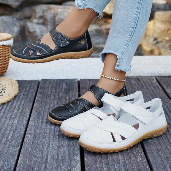 Women's Wide Width Cutout Leather Sandals, Comfortable Closed Toe Adjustable Strap Wedge Shoes for Spring & Summer, Black/White