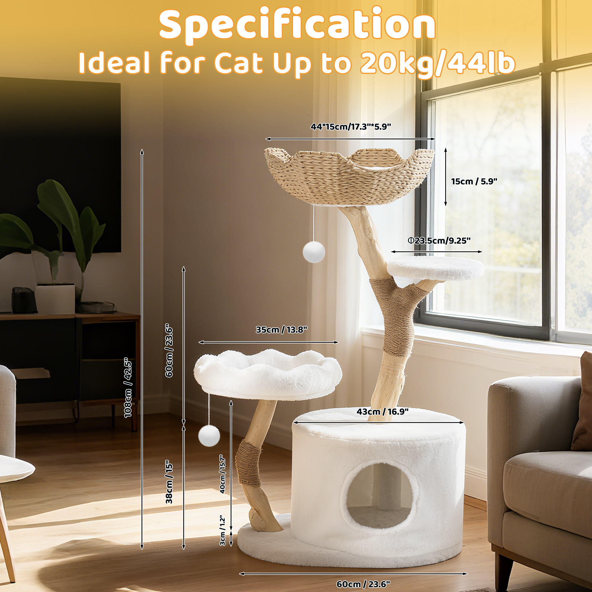 PERIMIDOME 43'' Cat Tree Tower with Cozy Beds&Scratching post, Multi-Level Cat Climbing Furniture for Indoor Cats,Faux Wood Grain Design