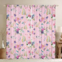 jejeloiu Kawaii Flying Butterfly Curtains Pack of 2 (42x84 Each),Cute Rustic Floral Curtains Blackout,Pink Flower Bedroom Curtains For Girls,Microfiber Bedroom Decor