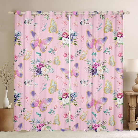 jejeloiu Kawaii Flying Butterfly Curtains Pack of 2 (42x84 Each),Cute Rustic Floral Curtains Blackout,Pink Flower Bedroom Curtains For Girls,Microfiber Bedroom Decor