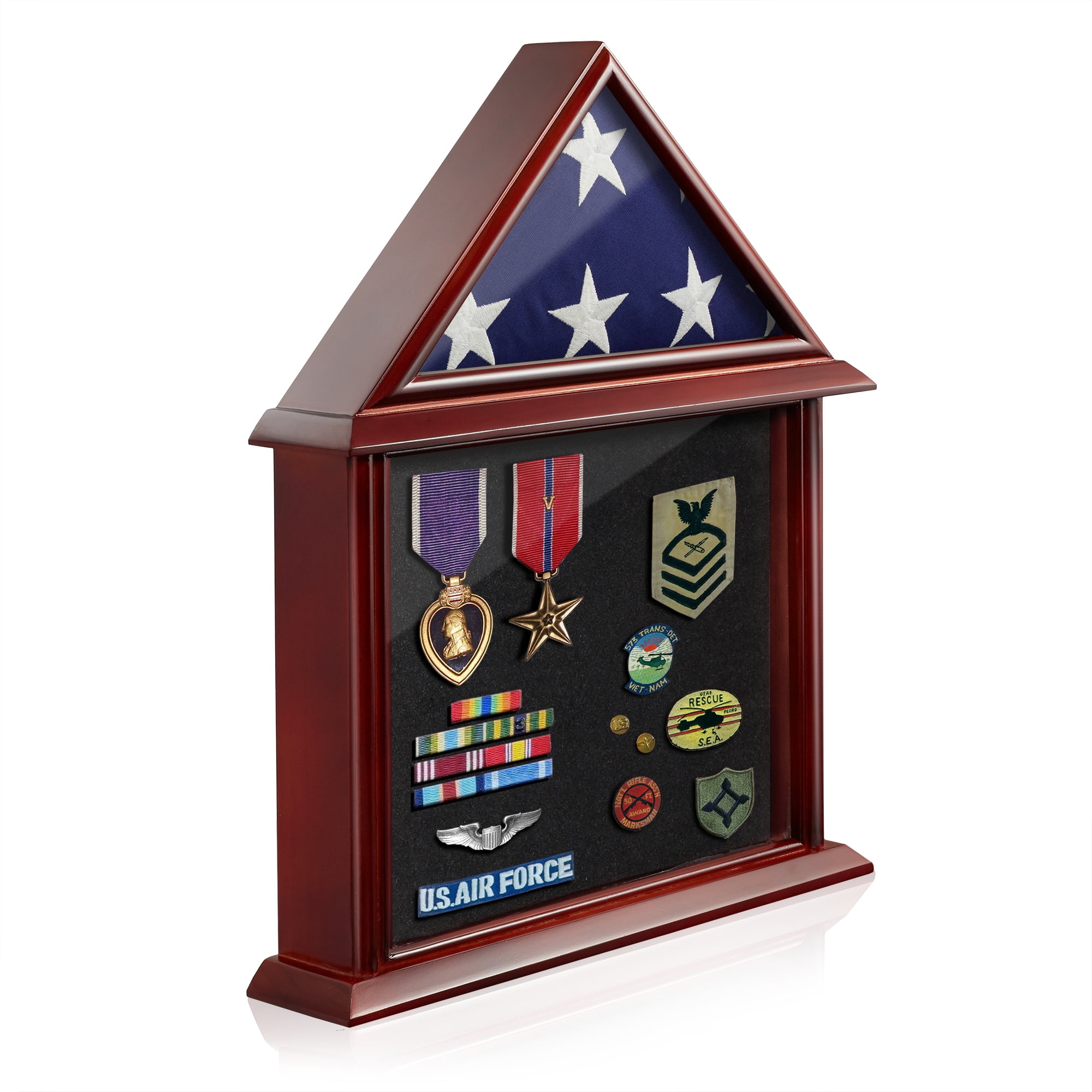 Solid Wood Memorial Flag Display Case For 5x9.5' Folded Funeral Flag - Mahogany Finish, Wall Mount Or Tabletop