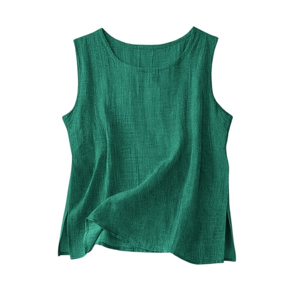 Fmbrln Womens Linen Tank Tops Summer Sleeveless Crew Neck Tops Loose Fit Fashion Side Slit Casual Lightweight Blouses