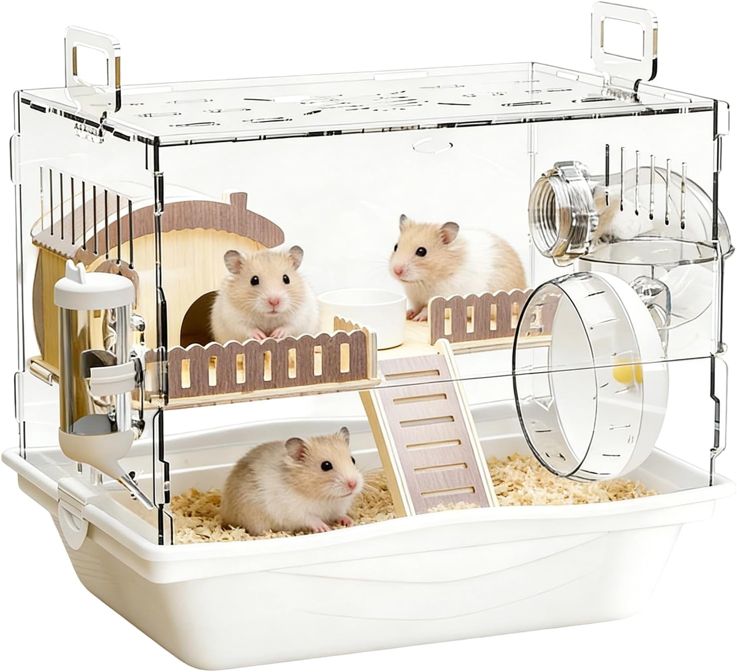 Acrylic Hamster Cage with Wooden Wheel, Clear Double Layer, for Hamsters Mice Gerbils