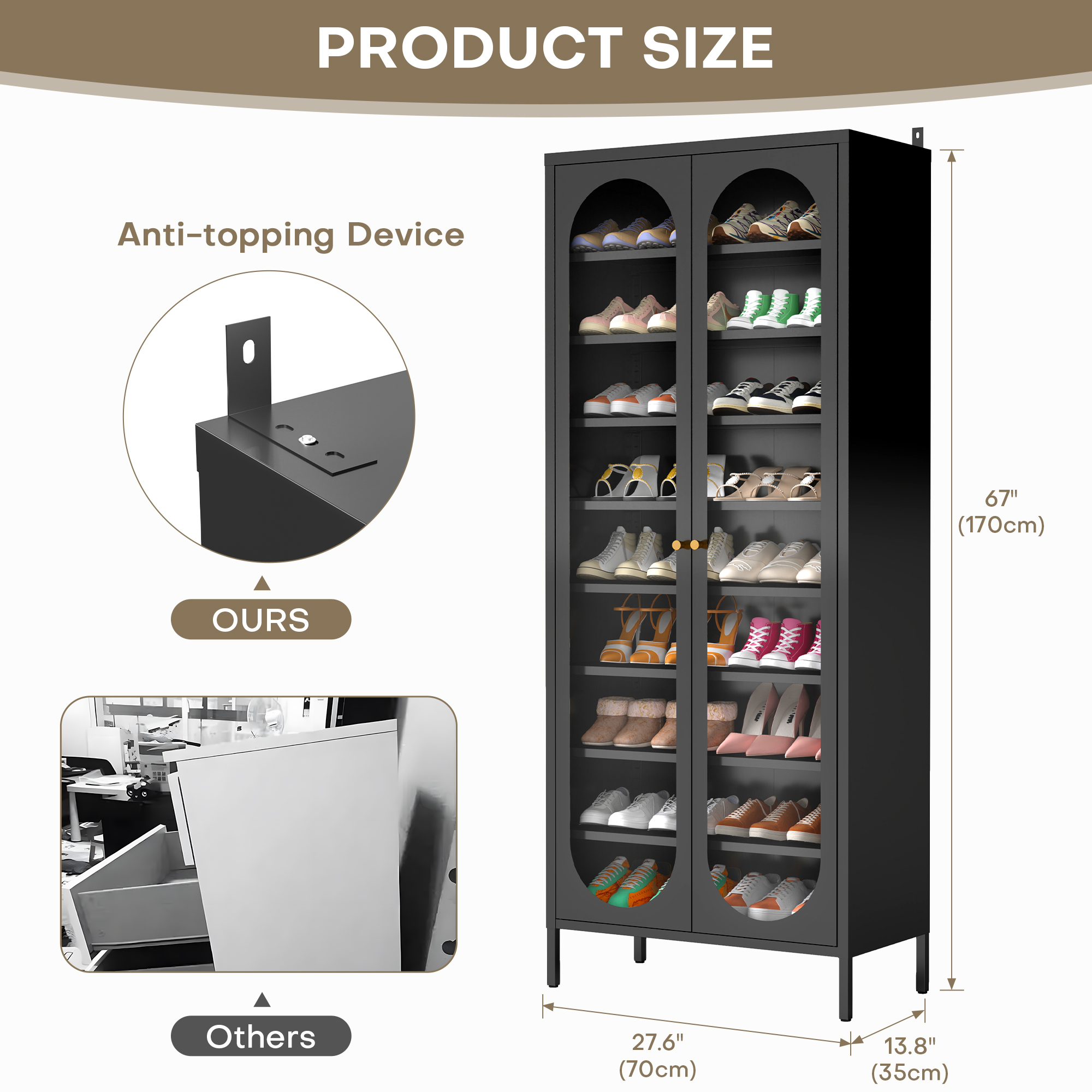 ANMINY 9-Tier Tall Shoe Storage Cabinet 67"H Shoe Cabinet with Glass Doors 9-Tier Shoe Organizer Rack with 8 Adjustable Shelves Max. Store 27-36 Pairs for Entryway Hallway Cloakroom Living Room, Black