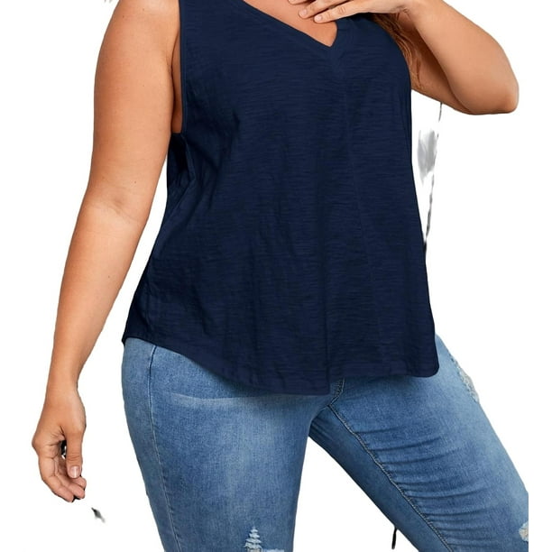 Casual Solid V neck Tank Navy Blue Plus Size Tank Tops & Camis (Women's)