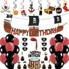 Pirate Themed Birthday Decorations Party Supplies Include Happy Birthday Banner Hanging Swirls Balloons Eye Mask Cake Toppers Head Band Great for Kids Boys Girls