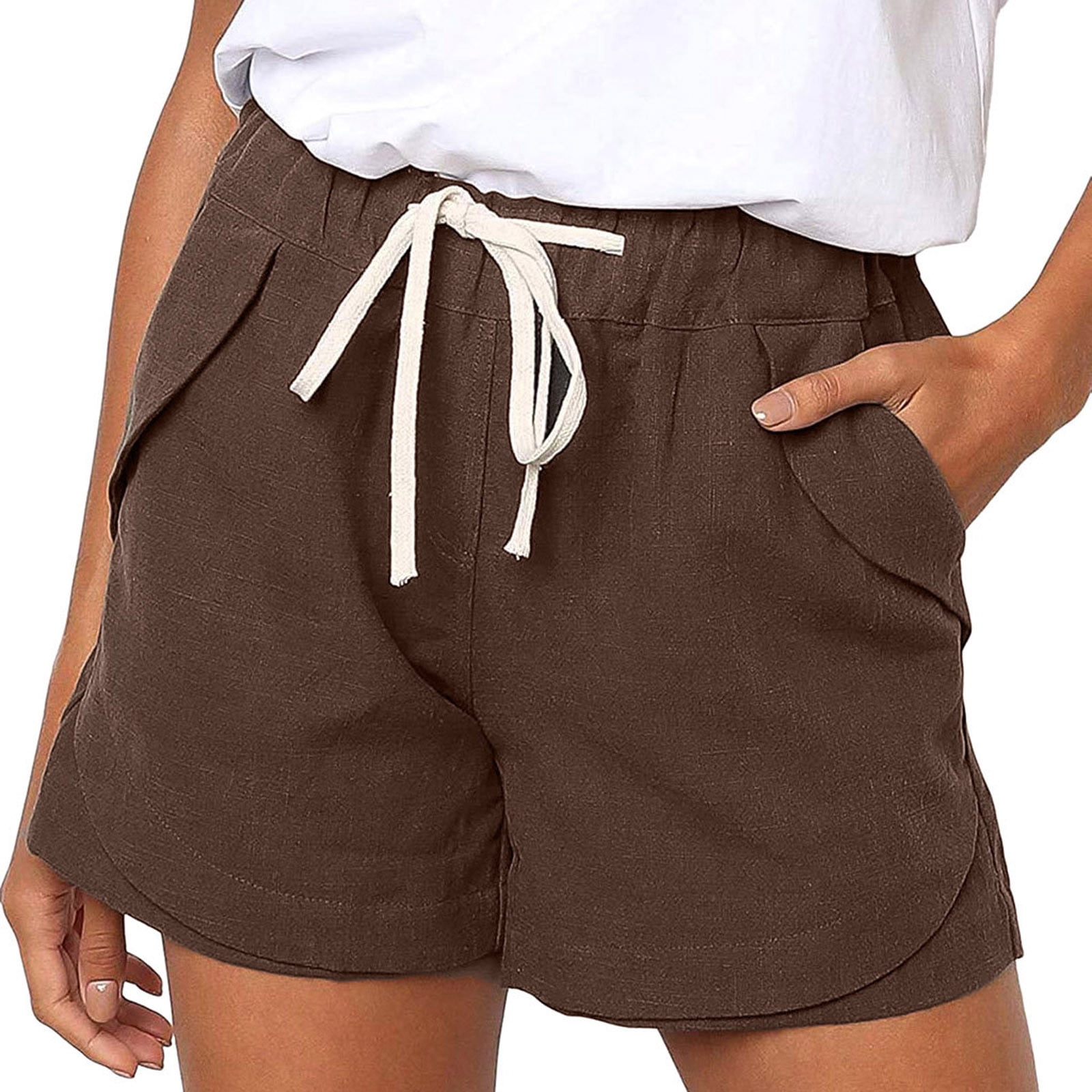 New Summer Fashion,POROPL Plus Size Pockets Elastic Waist Solid Shorts for Women  Casual Summer 7 Inch Inseam Clearance Beige Size 10 