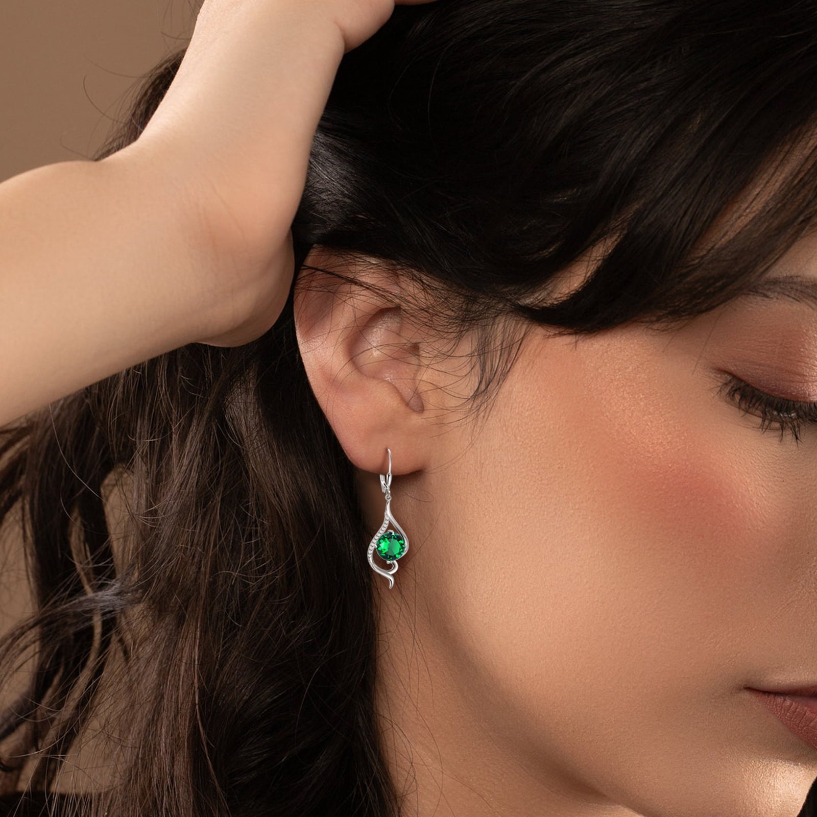 Juwaliy Women Dangle Earrings May Birthstone Earring Emerald Green 925 Sterling Silver Leverback Hanging Tail Jewelry Christmas Mother's Day Gift for Her/Mom/Grandma/Wife