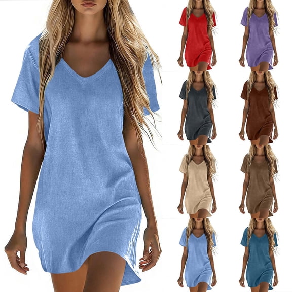 Lovzfmll T-Shirt Dress for Women, Solid Color V-Neck Short Sleeve Linen with Pockets, Casual Mini Dress Blue, S