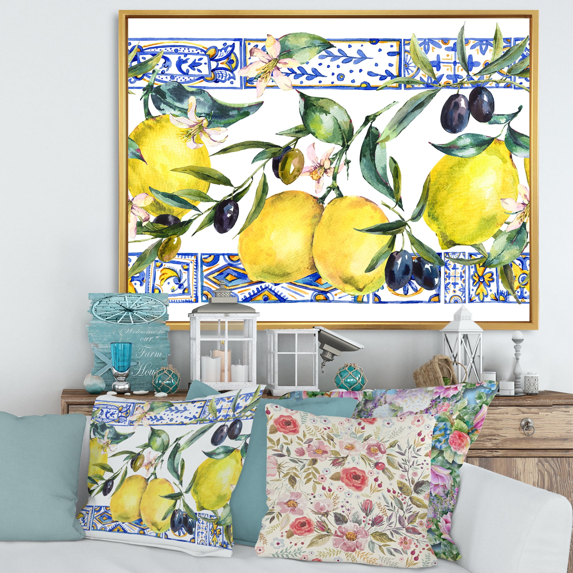 Designart 'Geometrical Pattern of Lemon Ornament On Blue II' Tropical Framed Canvas Wall Art Print