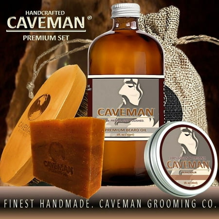 Caveman Beard Oil, Balm, Soap and Brush Kit - Leave in Conditioner Scent: Hunter Black