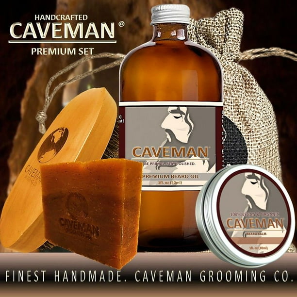 Caveman Beard Oil, Balm, Soap and Brush Kit for Men, Including Leave in Conditioner Scent