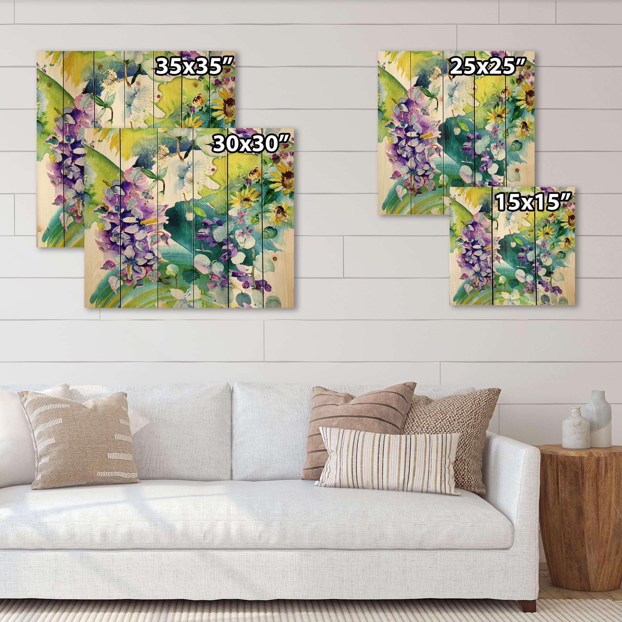 Designart 'Bouquet of Sunflowers and Wildflowers' Farmhouse Print on Natural Pine Wood