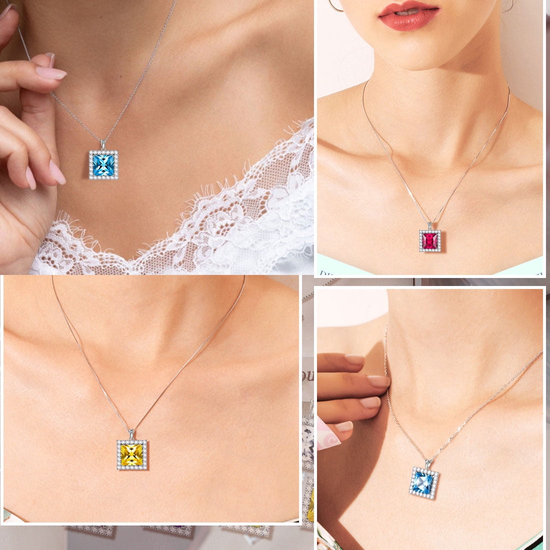 6 Carat March Birthstone Necklace Aquamarine Pendant Princess Cut Blue CZ 925 Sterling Silver Jewelry Women Birthday Xmas Mother's Day Gifts Juwaliy