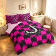 thumbnail image 2 of Manfei Pearl Print Monogrammed J 7-Piece Twin Bedding,Black Pink Grid Bedding Comforter Set,Pink Reversible, 2 of 7