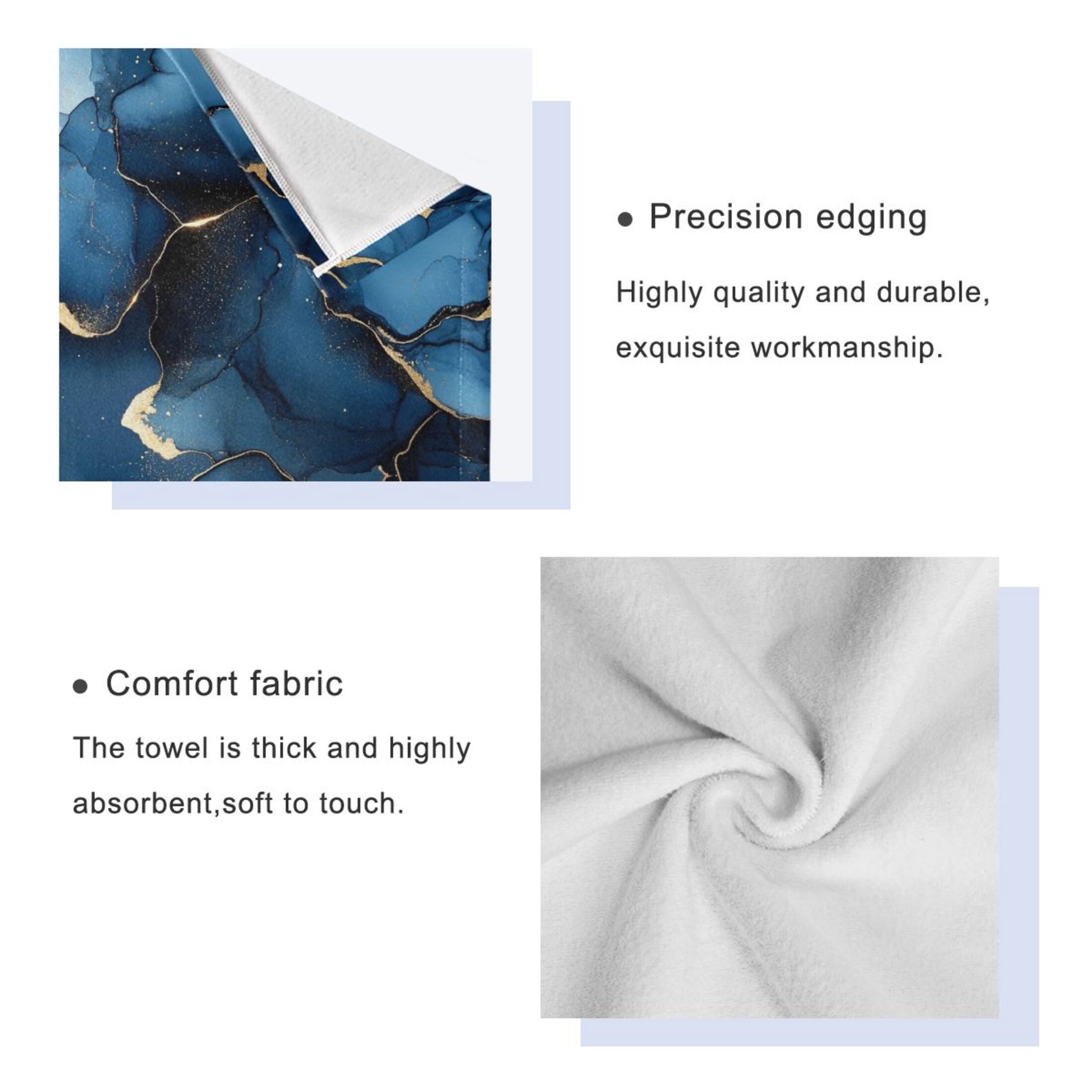 WOBOGO Navy Blue Gilt Marbles Ultra Soft 3 Pack Cotton Towel Set Includes 60 x 30in Bath Towel 28 x 16in Face Towel and 13 x 13in Small Square Towel for Everyday Use Lightweight and Compact