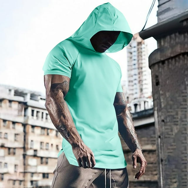 Blusa de manga corta con capucha para hombre, informal, de verano, de color liso, con cuello redondo, de manga corta, con capucha, fina, transpirable, de poliéster.