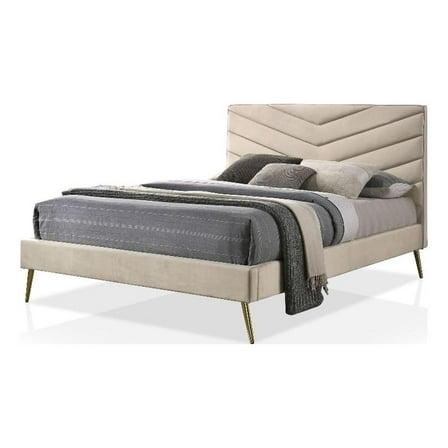 Bowery Hill Modern Fabric Upholstered Headboard King Bed in Beige