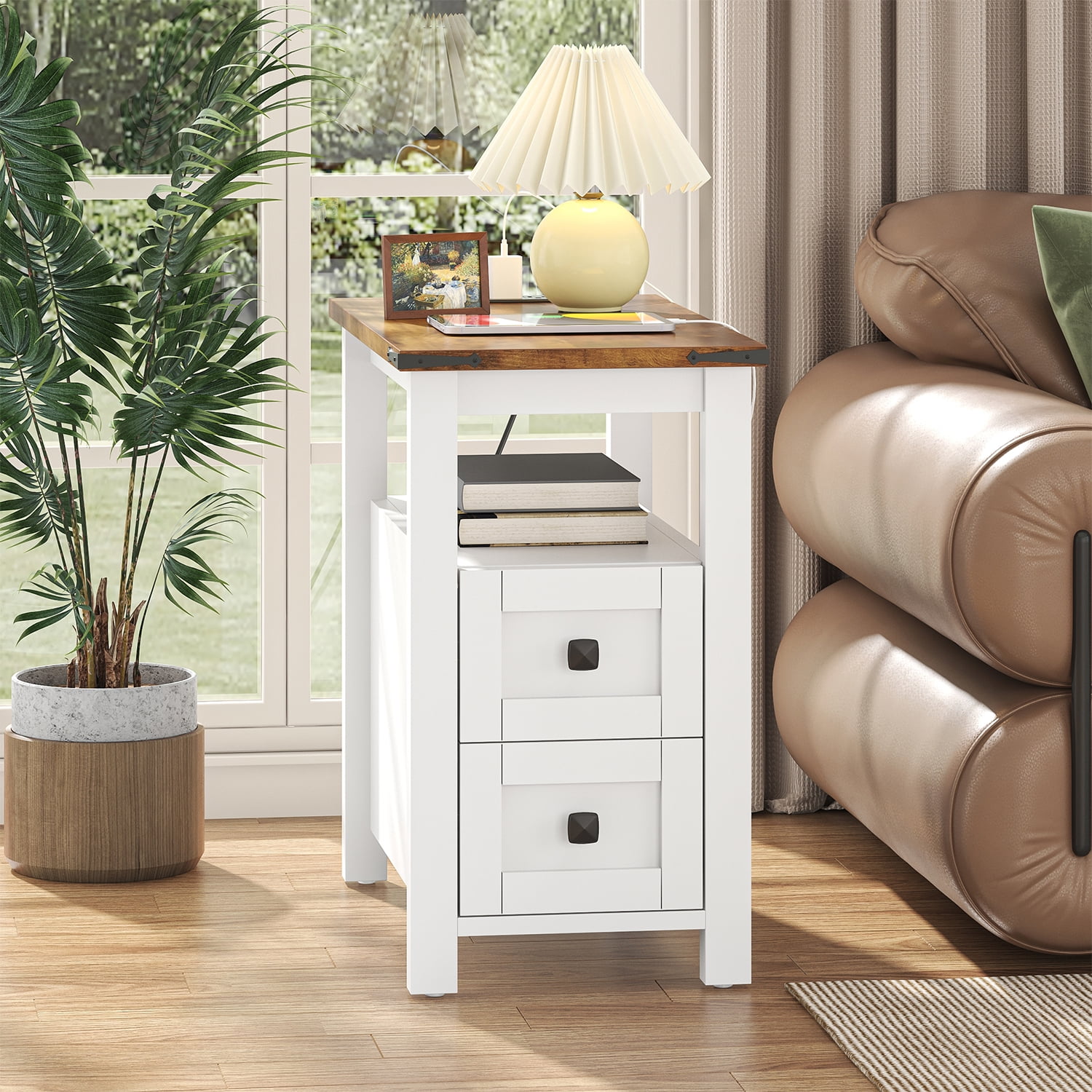 Frmobepts End Table with Charging Station, Farmhouse Rustic Wood Side Table for Living Room, Bedroom, White