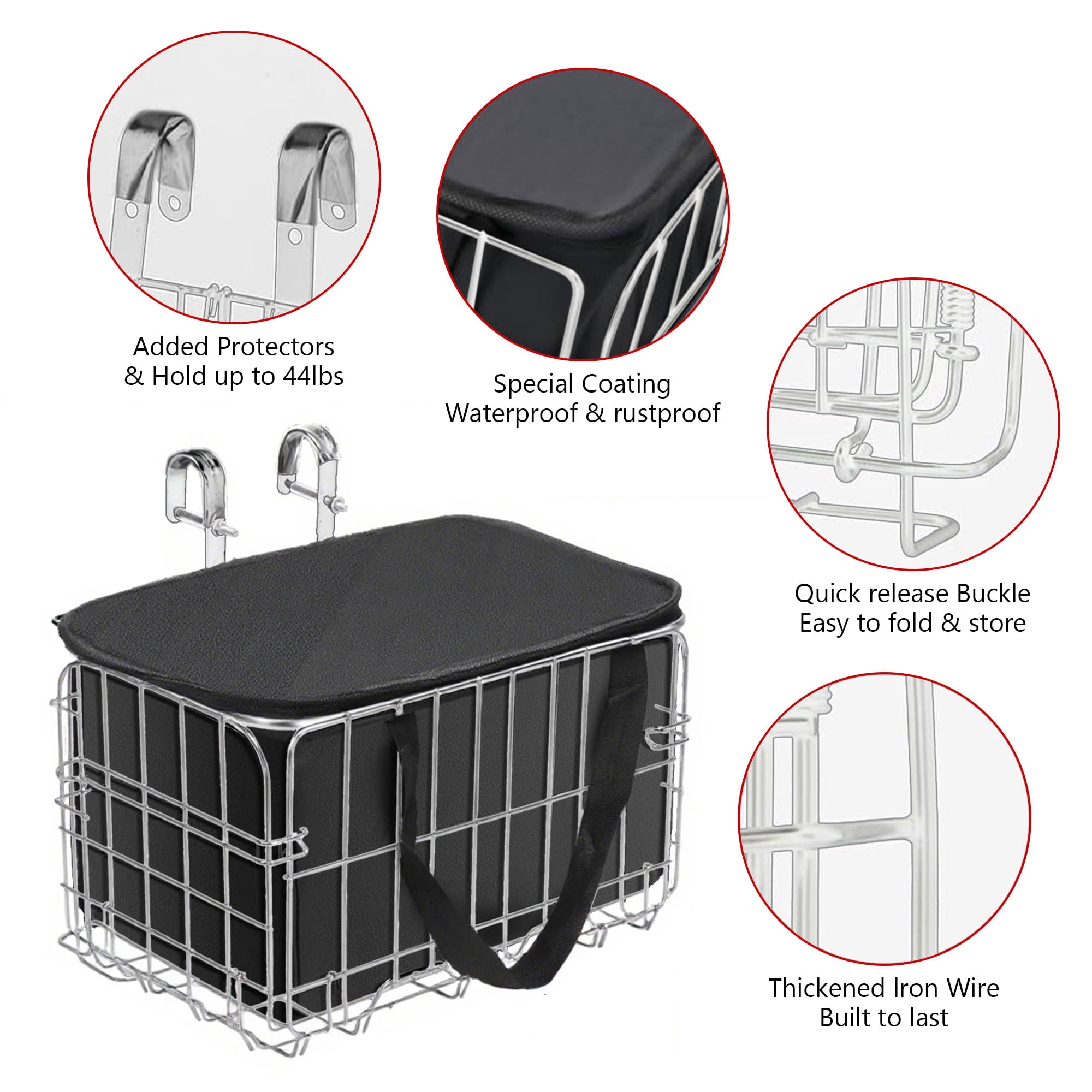 Semfri Collapsible Bicycle Front Basket,Metal with Removable Liner, Quick Release (Silver)