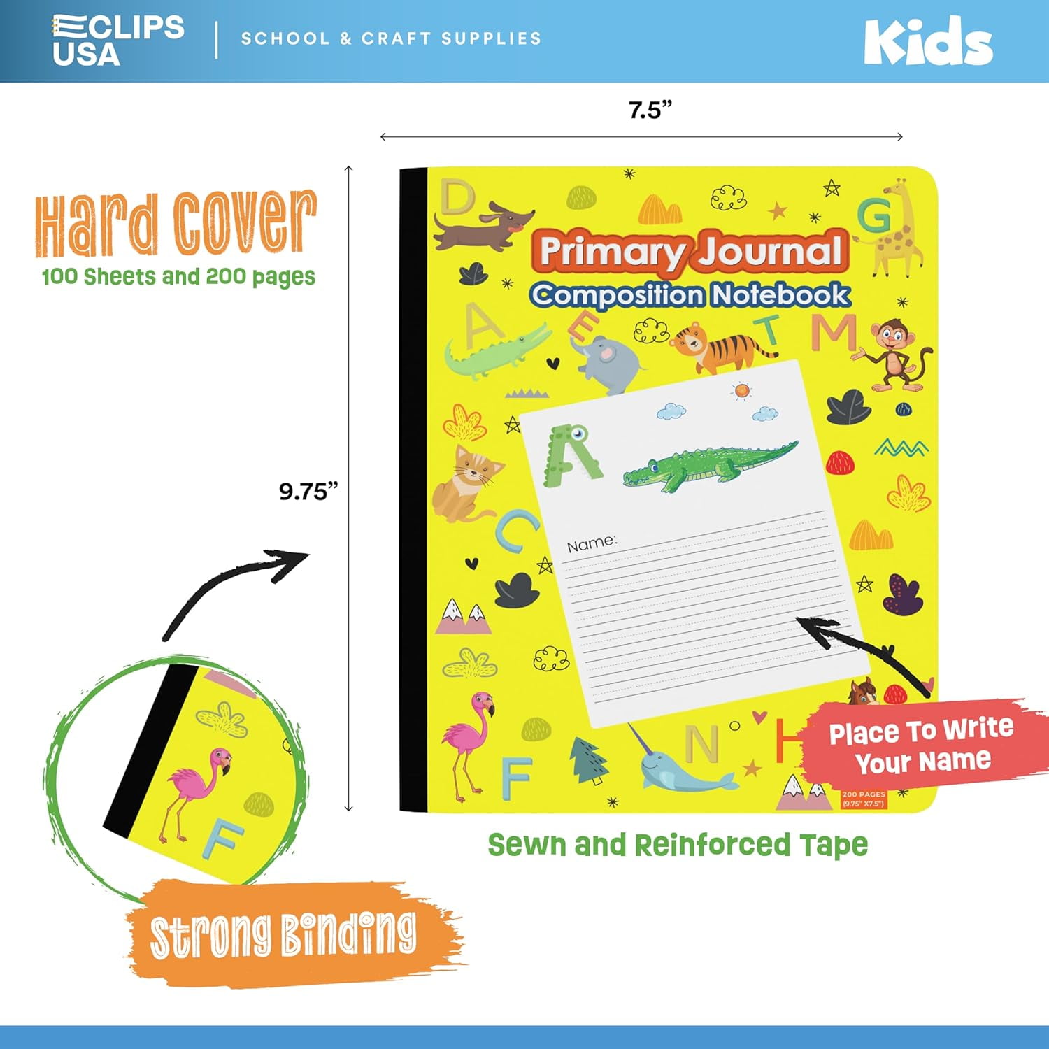 E-CLIPS USA 200-Page Composition Notebook, Animal-Themed Journal, Yellow, 12-Pack