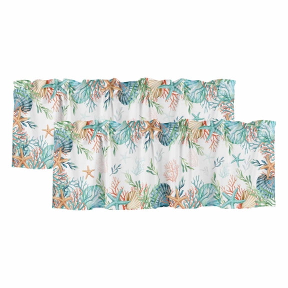 2 Pack Valances for Windows, Beach Coastal Window Valances for Living Room/Bedroom/Bathroom, Summer Coral Starfish Nautical Ocean Light Filtering Kitchen Curtain Valance Window Treatment 60"W x18" L