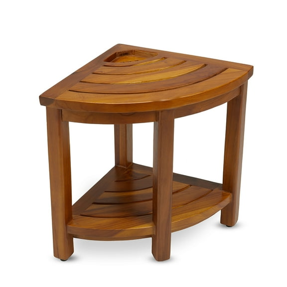 TeakCraft Teak Corner Bench with Shelf and Basket, Fully Assembled, 16 Inch, The Loki