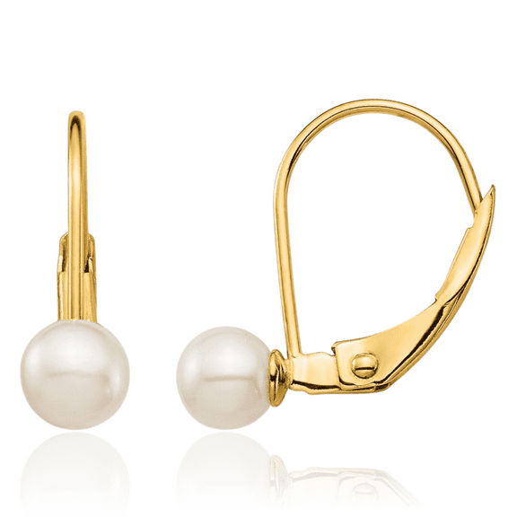 14K Solid Yellow Gold 4mm White Round Freshwater Cultured Pearl Drop Dangle Earrings