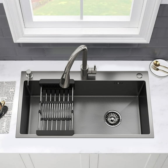 MEANDAROL 28" Drop in Kitchen Sink Stainless Steel Black Single Sink,Modern Design Durable with Multiple Accessories,Net Content: 15LB