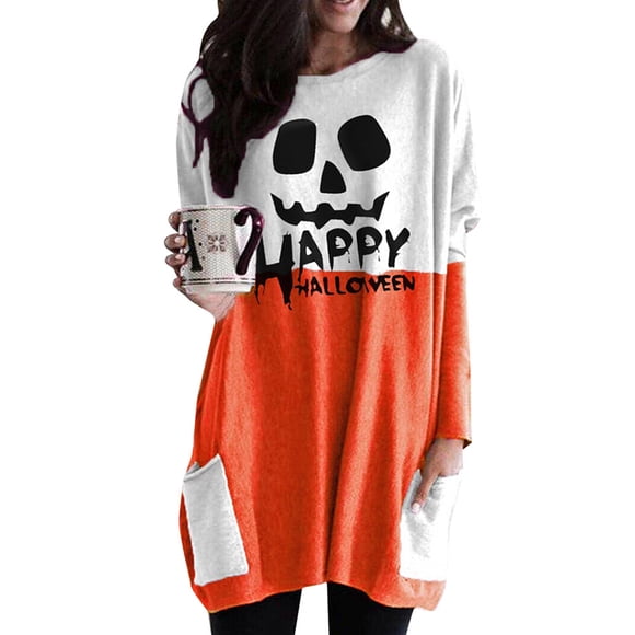 Julyccc Women Halloween Pumpkin Loose Mini Dress Long Sleeve Pullover Jumper Tops