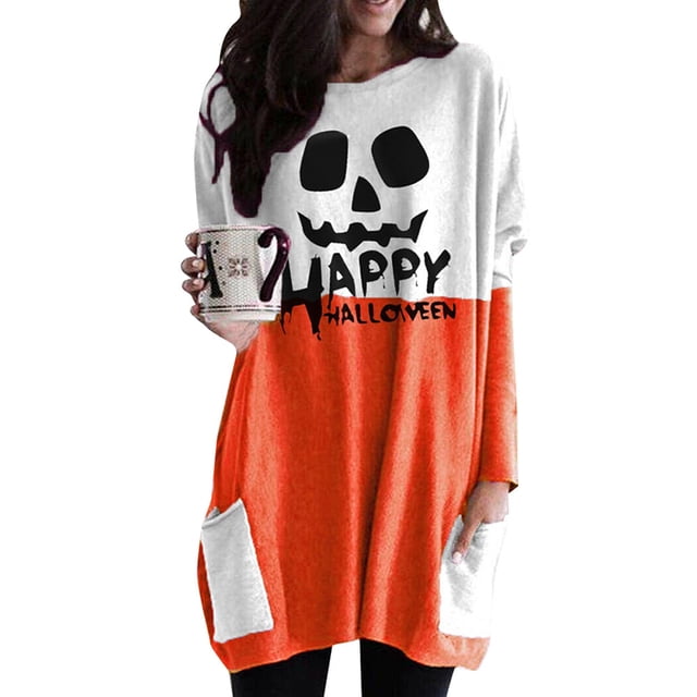 Julyccc Robe Mini Ample Citrouille d'Halloween pour Femmes à Manches Longues, Chandail Jumper, Hauts