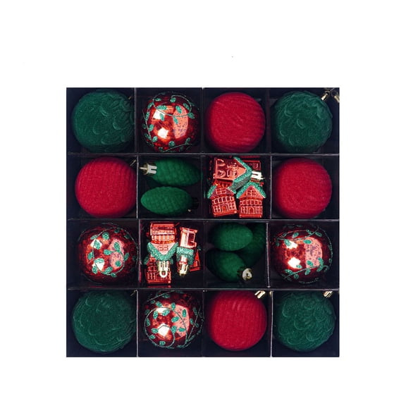 32‑Piece Red & Green Christmas Ornament Set, Flocked Baubles, Mini House and Pinecone Hanging Pendants, Xmas Tree Decor Kit with Storage Gift Box for Holiday Indoor Decoration