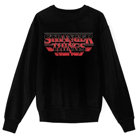 Stranger Things 5 Distressed Block Title Adult Black Crew Neck Long Sleeve Sweatshirt - Medium