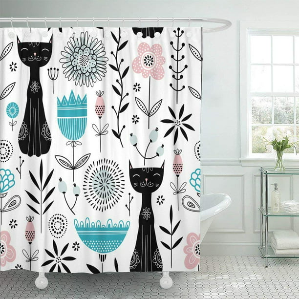 Pknmt Blue Pattern Cute Black Cats And, Pink And Black Shower Curtains Fabric