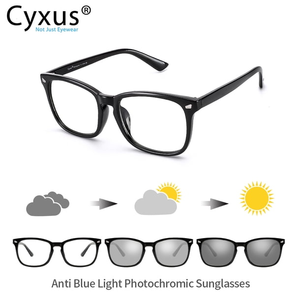 Cyxus Photochromic Anti-Blue Light Square Glasses Black Frame + Transparent to Grey Color Changeable Lenses Sunglasses 8382T01