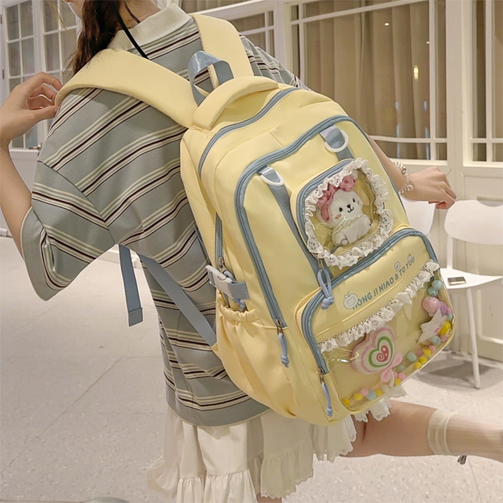 HUISZJ Ita Bag School Backpack, Multi-Layer School Bag with Doll, Large Capacity Storage Bag for Students College Travel, Yellow