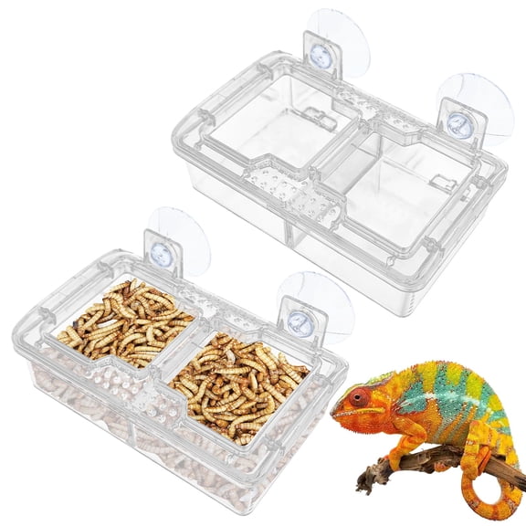 VNEKVA Transparent Double-Compartment Reptile Feeder with Suction Cup, Anti-Escape Bowl for Chameleons, Geckos, Lizards & Bearded Dragon