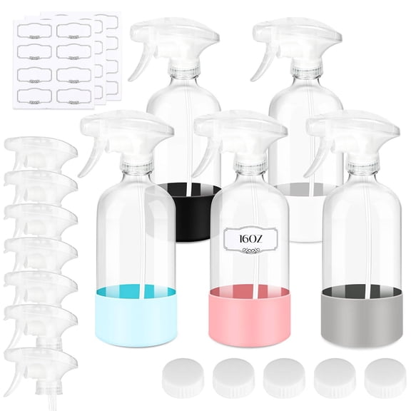 5 Pack 16oz Glass Spray Bottles with Silicone Sleeve for Cleaning & Plants