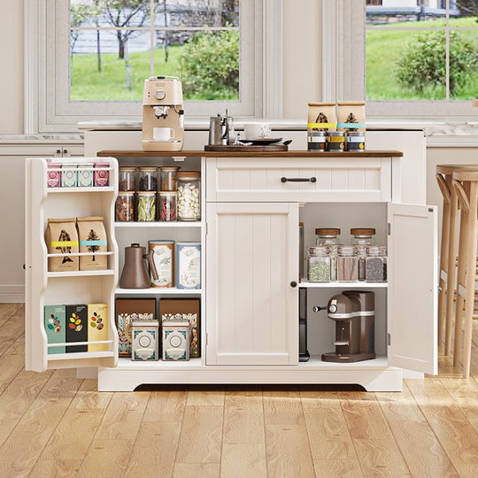 Aiho 42” Coffee Bar Cabinet with Storage, Kitchen Storage Cabinet, Sideboard Buffet Cabinet with 8 Shelves, 1 Drawer - White and Retro