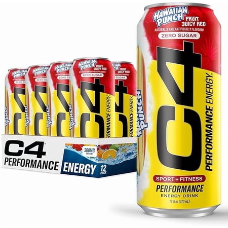 C4 Performance Energy Drink, Hawaiian Fruit Punch Juicy Red Flavor, Zero Sugar, Carbonated, 16 fl oz Can, 12 Pack