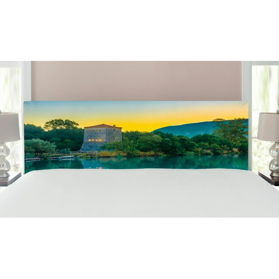 East Headboard, Venetian Tower Archaeological Site National Park at Sunrise Lake Sanctuary Landscape, Upholstered Decorative Metal Bed Headboard with Memory Foam, King Size, Blue Green, by Ambesonne
