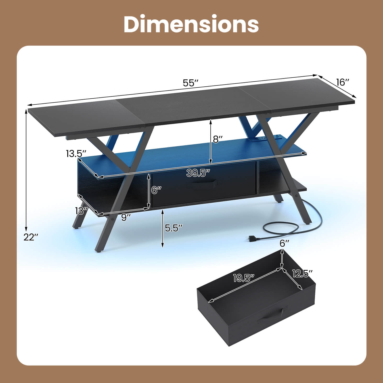 Costway 3-Tier TV Stand with Power Outlets for 65” TVs, LED Lights & Remote Storage Shelves Black