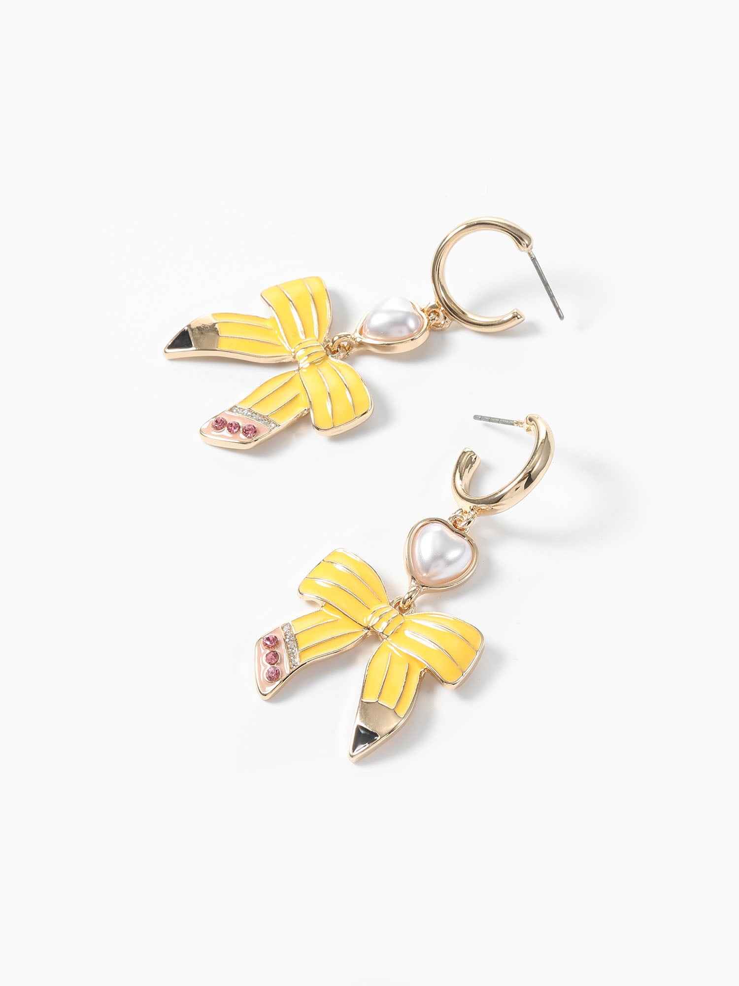 Packed Party Women's Pencil Bow Earrings with Pearl Heart for Back to School