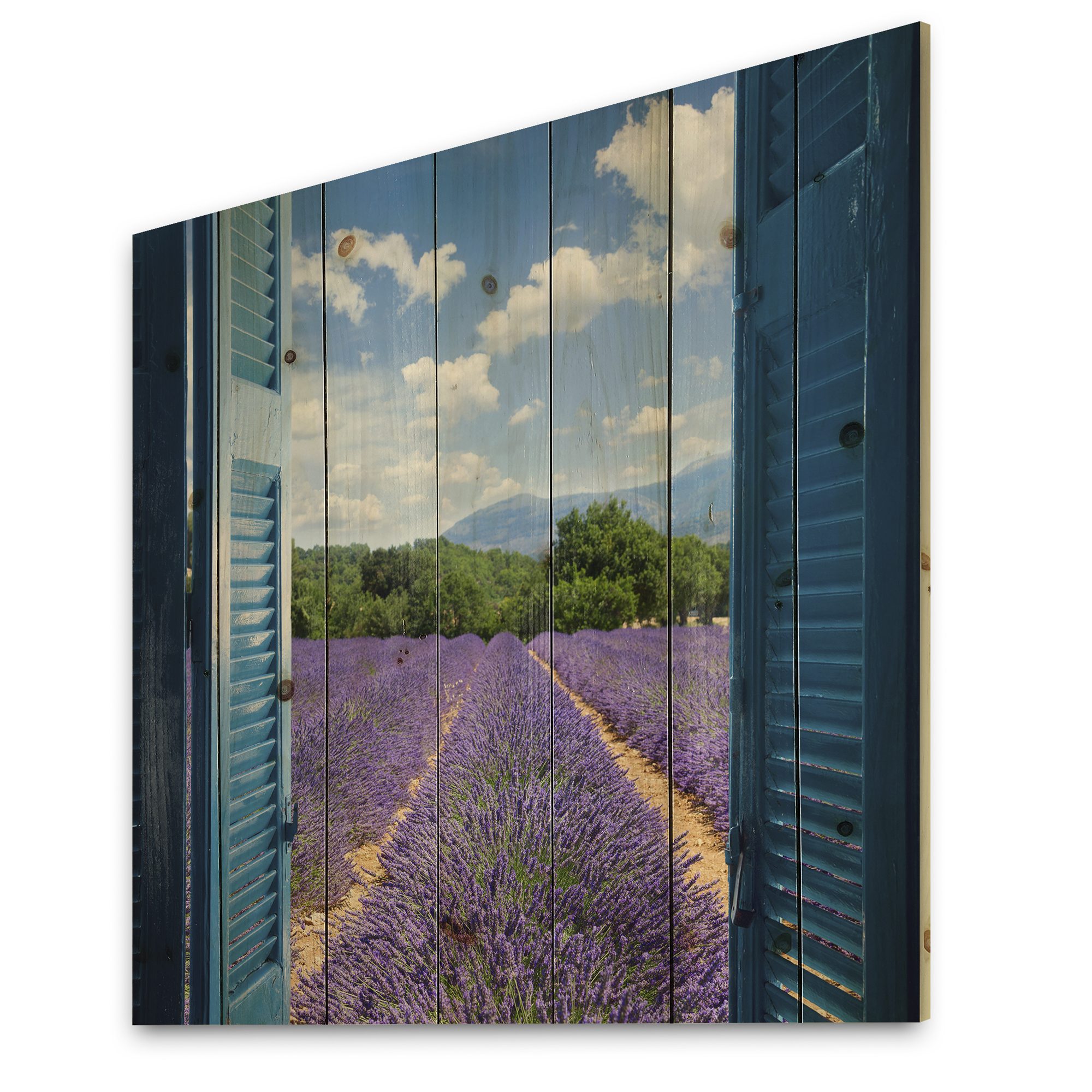 Designart 'View of Lavender Field Through Blue Open Cottage Window' Farmhouse Print on Natural Pine Wood