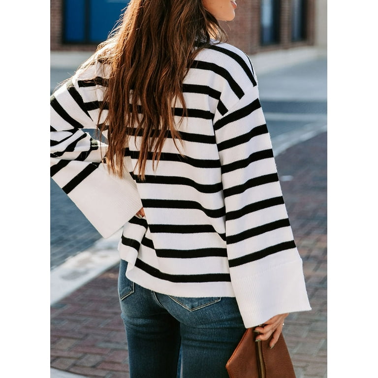 New O-neck Loose Cuff Slits Long Sleeve Striped T-shirt Tops New O-neck Loose Cuff Slits Long Sleeve Striped T-shirt Tops