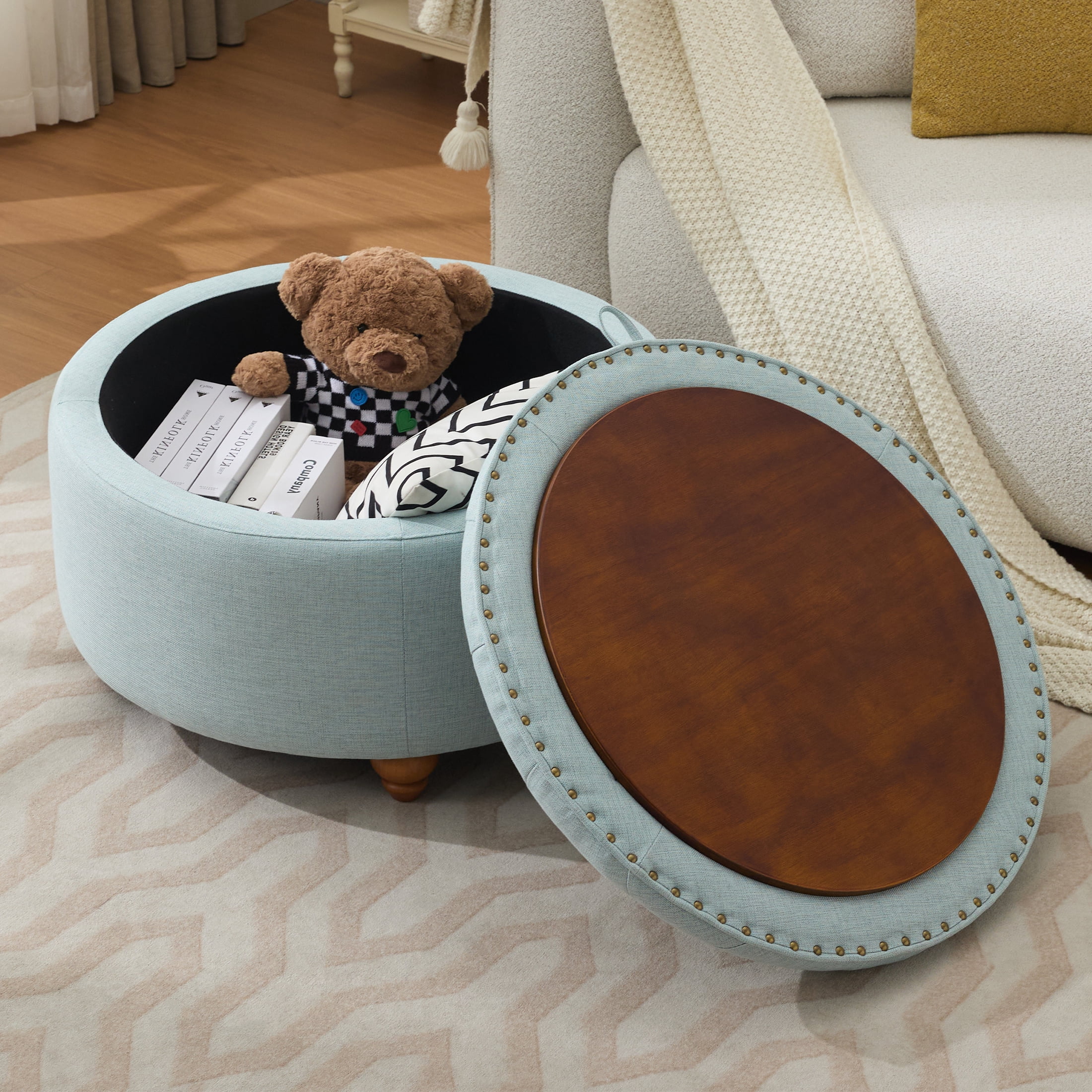 30Inch Round Storage Ottoman with Tray, Modern Tufted Fabric Circle Coffee Table with Storage, Upholstered Ottoman with Removable Top for Living Room, Bedroom, Blue